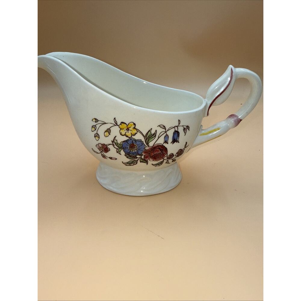 Floral VTG Gravy Boat VERNON KILNS MAY FLOWER Hand-painted Footed Handle USA 50s